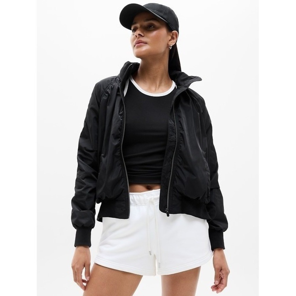Athleta XS Small Jetset Bomber Jacket Black #818839 Stowable Hood